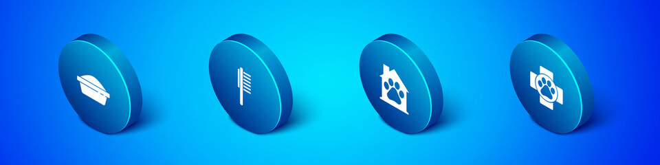 Set Isometric Pet food bowl, house, Veterinary clinic and Pets vial medical icon. Vector