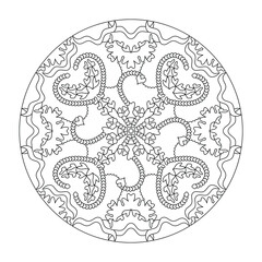 Mandala coloring page. Abstract background with hearts. Art Therapy. Anti-stress. Vector illustration black and white.