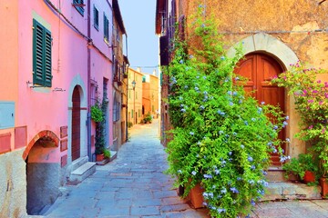 alley in the medieval village of Castagneto Carducci in Tuscany Italy, where the poet Giosuè Carducci lived