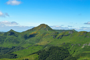 Magnificent view of a panorama of volcanic mountains in a national park in a wild region, in Auvergne