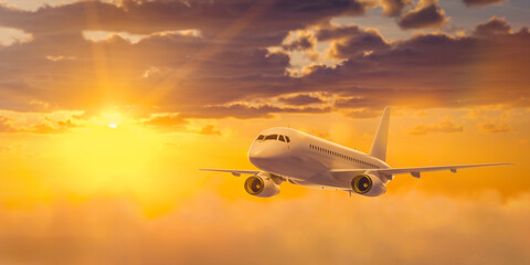 White passenger airplane is flying in the sky with multicolored clouds at sunset. 3D rendering illustration.