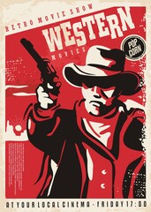 Gunman shooting with gun, retro poster concept for western movies festival. Vintage cowboy illustration. Wild west vector poster.