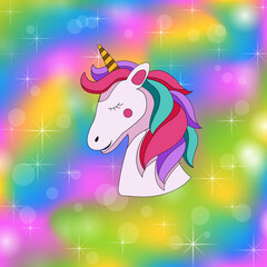 Cute unicorn portrait with beautiful rainbow mane. illustration.