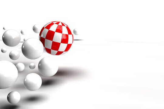 3D Illustration als abstrakter Hintergrund im Stil des Vaporwave der 1990er Jahre mit wei&szlig;en Kugeln isoliert auf wei&szlig;em Hintergrund mit rotwei&szlig;em Ball