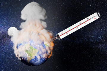 3D Illustration zur Visualisierung der Klimakrise mittels einer brennenden und rauchenden Erdkugel im Weltall mit überdimensionalem Thermometer