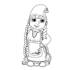 Cute garden gnome girl. Coloring book with gnomes. A magical creature. The girl is a herbalist. Vector illustration isolated on white background.
