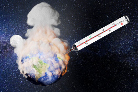 3D Illustration zur Visualisierung der Klimakrise mittels einer brennenden und rauchenden Erdkugel im Weltall mit &uuml;berdimensionalem Thermometer