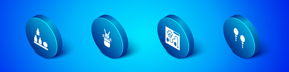 Set Isometric Bottles ball, Amusement park map, Balloons and Magician hat and rabbit icon. Vector