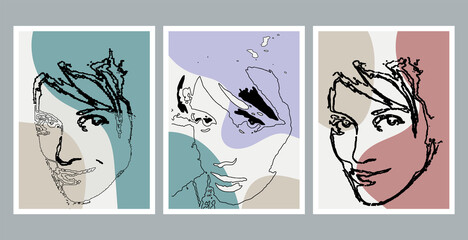 Fototapeta premium Modern art face. Set of abstract minimal shapes and lines. Home decor design. Hand drawn watercolor effect painting shapes and line art faces. Contemporary design.