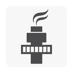 Gas flare or flare stack vector icon. Torch device with fire flame, burner, tower for burning gas from petroleum refinery in factory, petrochemical plant and offshore rig. That power energy industry.