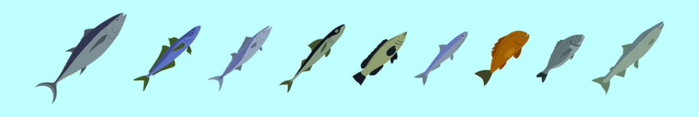 set of fish cartoon icon design template with various models. vector illustration isolated on blue background