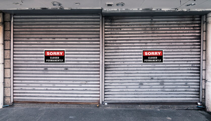 Two closed corrugated metallic Roll up doors with closed permanently signs. Concept of closed,...