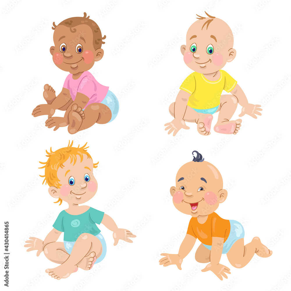 Sticker Four cute babies. Happy children of different nations. In cartoon style. Isolated on white background. Vector illustration