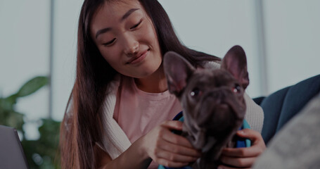 Lovely chinese young candid positive woman staying home on quarantine, working on laptop and playing with cute dog pet at living room. Bulldog puppy.