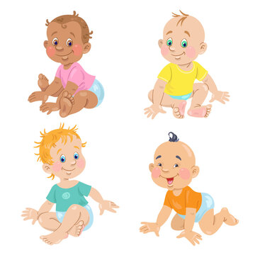 Four cute babies. Happy children of different nations. In cartoon style. Isolated on white background. Vector illustration