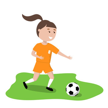 Girl playing football. Cartoon character. Flat illustration