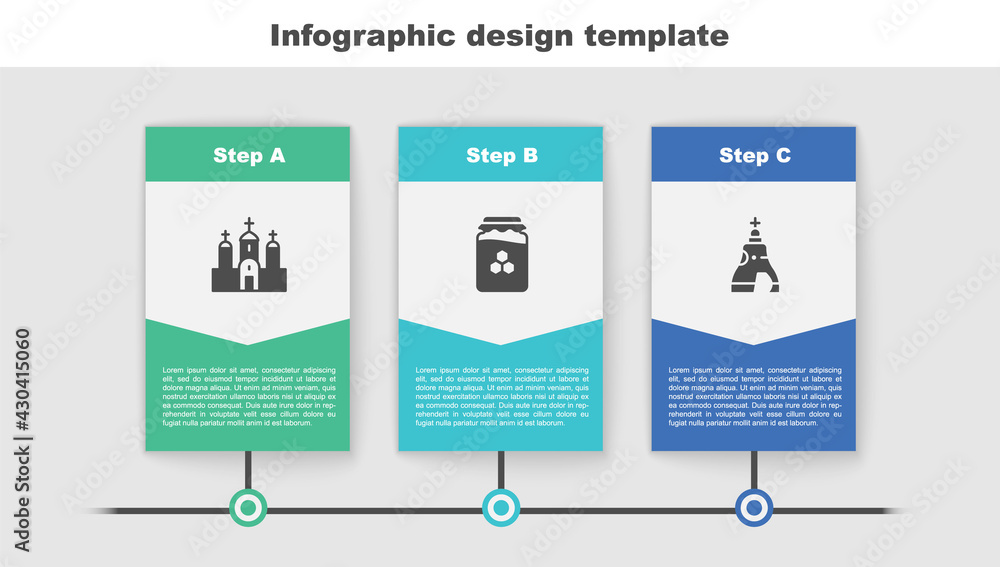 Sticker set church building, jar of honey and the tsar bell. business infographic template. vector