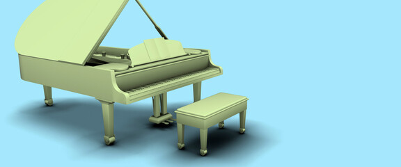 Fototapeta na wymiar Green grand piano on a blue background panoramic 3d render