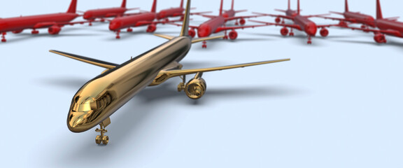 Executive golden jet concept in front of red airline jets 3d render