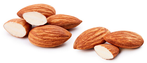 Group of almonds isolated on white background, collection