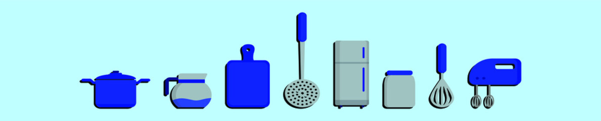 Fototapeta premium set of kitchen utensil cartoon icon design template with various models. vector illustration isolated on blue background
