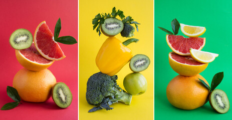 Collage of pyramid of vegetable and  fruit in balance on the colored background