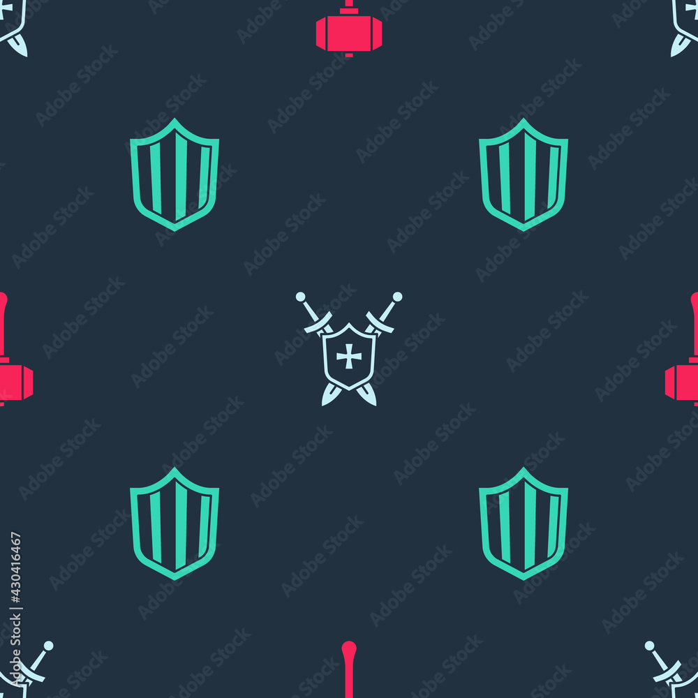Poster set hammer, medieval shield with swords and shield on seamless pattern. vector