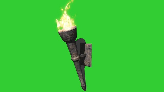 3d vintage wall fire torch green screen 4K footage