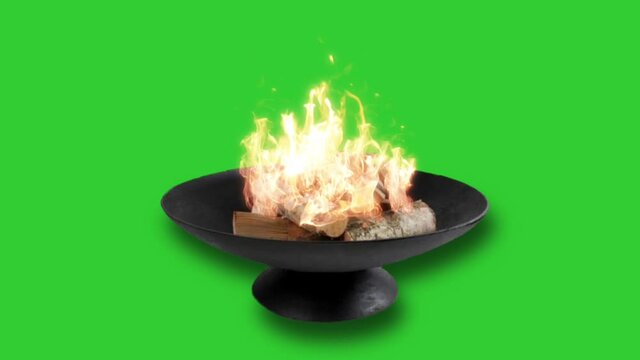 Iron fire pit and burning fire  Green screen 