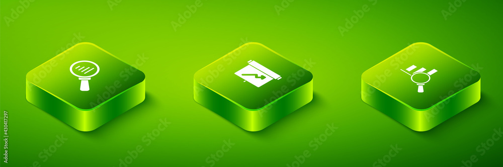 Aufkleber set isometric board with graph chart, magnifying glass and analysis and icon. vector