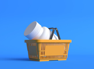 White pill bottle in a orange plastic shopping basket on blue background with copy space. Medicine concepts. Minimalistic abstract concept. 3d Rendering illustration