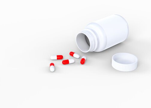 Pills scattered from pharmacy bottle isolated on white background. 3D rendering illustration