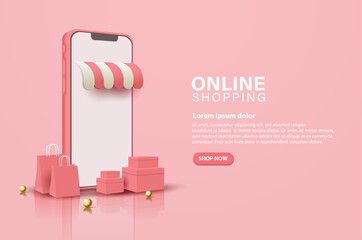 Online shopping concept,  with 3d smartphone and box on pink background 