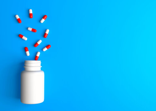 Tablets or painkillers fly out of the bottle on a medical background with pharmacy and explosion concept. Minimal creative idea. 3D rendering illustration