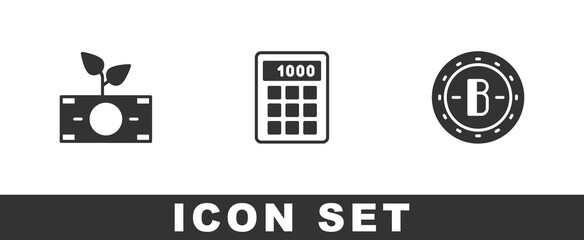 Set Money plant in the pot, Calculator and Bitcoin icon. Vector