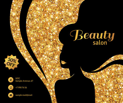Black and Gold Flyer Template, Fashion Woman with Long Hair. Vector Illustration. Stylish Beauty Salon Banner. Girl Silhouette: cosmetics, beauty, health spa. Glowing Gift Card, Voucher.