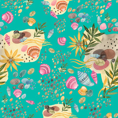 Seamless watercolor pattern seashells, pebbles, vacation by the sea. Beautiful print for textile and design. Colorful illustration of a summer weekend on the seashore, outdoor recreation, sun, ocean, 