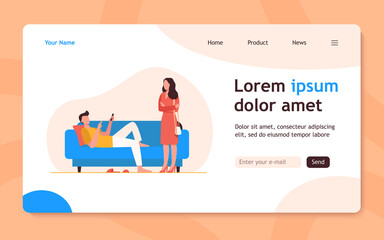 Fototapeta premium Man lying on sofa when woman standing and looking at him. Couch, laziness, wife flat vector illustration. Family and relationship concept for banner, website design or landing web page