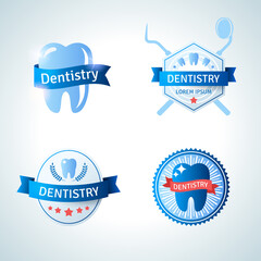 Dental emblem collection for dentistry and orthodontics. Vector illustration. Vintage emblems with ribbons.