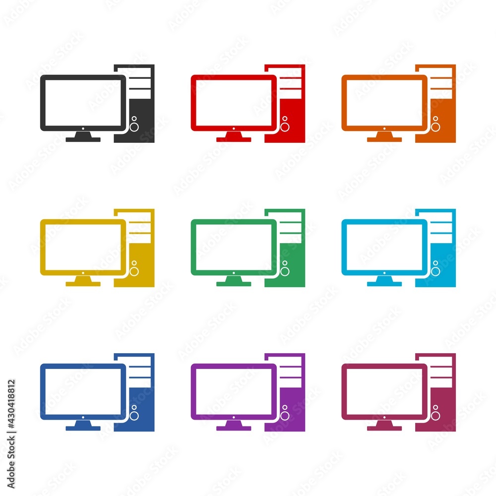 Poster pc with monitor icon isolated on white background color set
