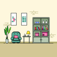 Living room flat design, Concept of living room interior with furniture. Cozy interior with sofa,TV, window, chair, pillows, armchair. Home cartoon illustration of apartment or house with furniture.