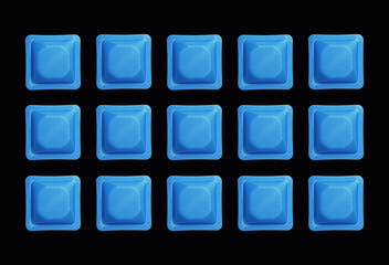 Blue weighing boats on colored background, top view. Square pattern.