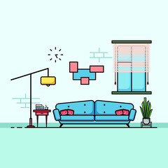 Living room flat design, Concept of living room interior with furniture. Cozy interior with sofa,TV, window, chair, pillows, armchair. Home cartoon illustration of apartment or house with furniture.