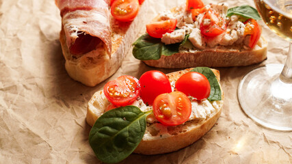 Bruschetta with cherry tomatoes. Italian appetizer. Set of three bruschettes