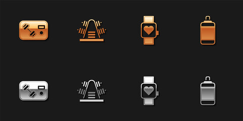 Set Fitness club, gym card, Metal rack with weights, Smart watch and Punching bag icon. Vector