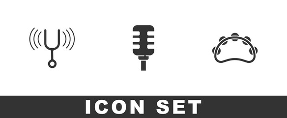 Set Musical tuning fork, Microphone and Tambourine icon. Vector