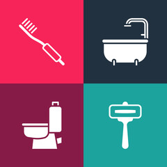 Set pop art Shaving razor, Toilet bowl, Bathtub and Toothbrush icon. Vector