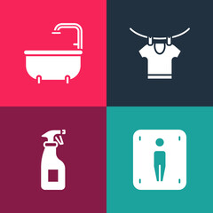 Set pop art Male toilet, Cleaning spray bottle, Drying clothes and Bathtub icon. Vector