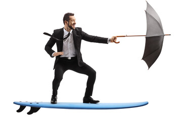 Businessman riding a surfboard and holding an umbrella - Powered by Adobe