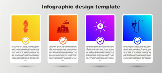 Set Light bulb, Power station plant factory, Solar energy panel and Electric plug. Business infographic template. Vector